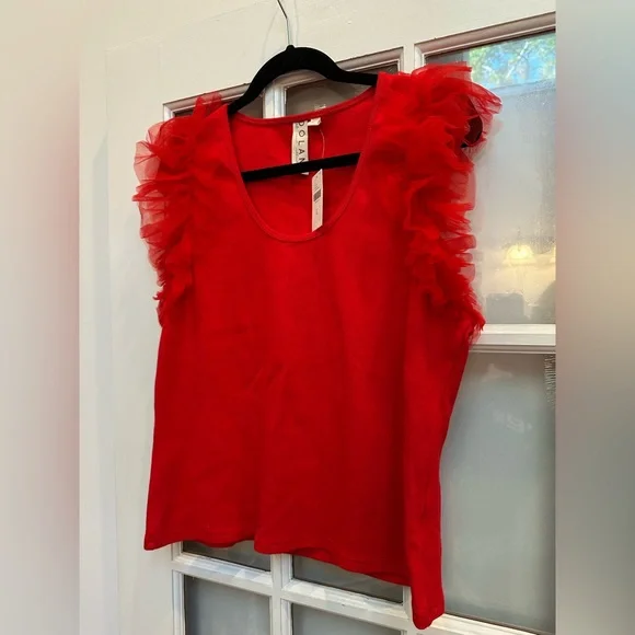 Anthropologie DOLAN Left Coast Tulle Sleeve Tank Top Blouse Red Chic Size XL - Picture 3 of 11